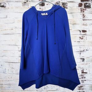 Logo Lori Goldstein Women Blue Cotton Asymmetrical Pullover Hoodie Sweatshirt LP